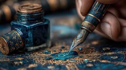 Ornate pen dips into dark blue ink, creating intricate patterns on gilded paper
