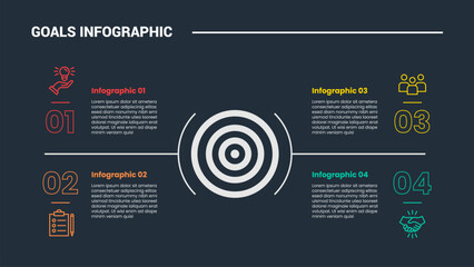 Goals target infographic process diagram with big target center on quadrant structure with dark background bright outline style and 4 points