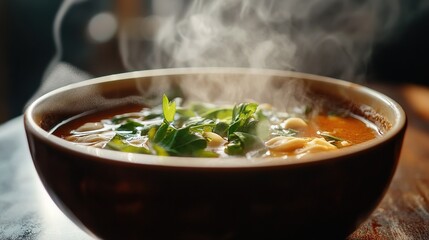 A steaming bowl of soup infused with fresh herbs and spices.