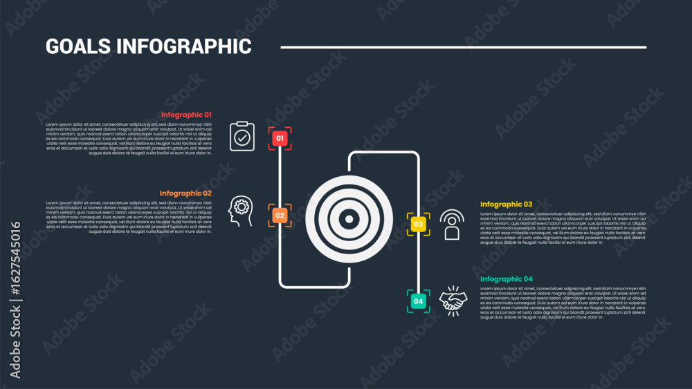 Poster goals target infographic process diagram with big circle center and line opposite up and down wave w