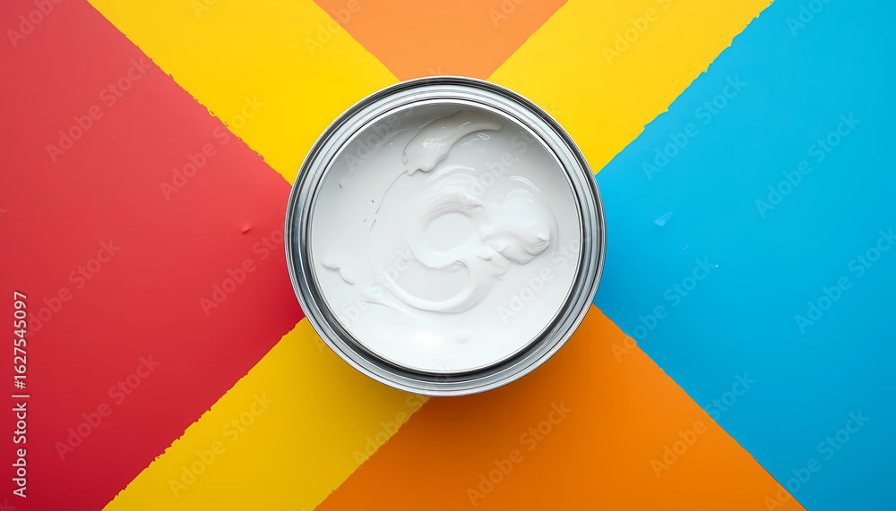 Aufkleber a top down view of an open can of white paint on a colorful geometric background with red yellow blu