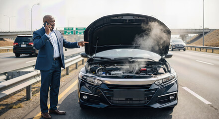 A man calling on a cell phone next to his broken car with an open smoking hood on the highway. Roadside assistance and vehicle recovery service concept.