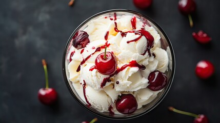 A top-down view of an ice cream sundae with whipped cream and cherries.