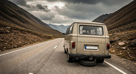 Obraz premium Broken down van on the side of a mountain highway. Flat tire and roadside problem. Vehicle recovery and emergency repair service concept.