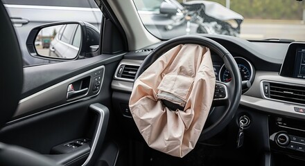 An inflated airbag in a damaged car after a road accident. Roadside assistance and vehicle recovery service concept.
