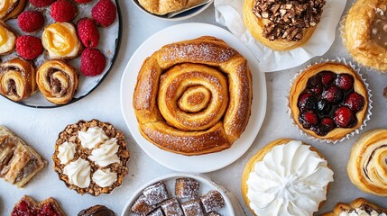 A top-down view of assorted pastries, including cinnamon rolls and tarts.