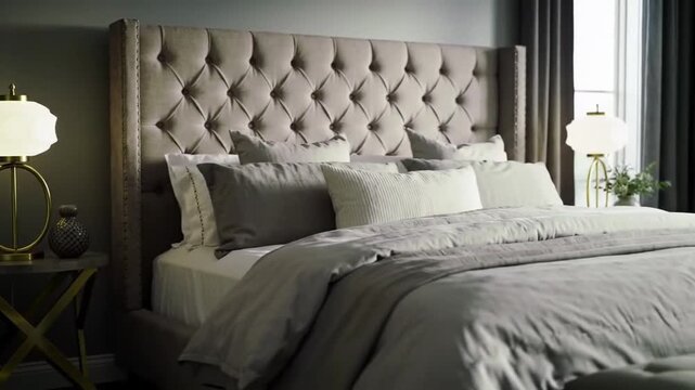 Elegant Bedroom Interior with Tufted Headboard, Bedside Lamp, and Stylish Decor