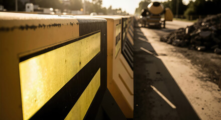 Yellow and black road barriers define a construction zone by the street. Urban safety measure for infrastructure repair and traffic control.