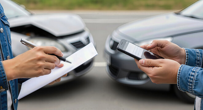 Woman takes notes while man uses smartphone for roadside assistance after car accident, vehicle recovery service.