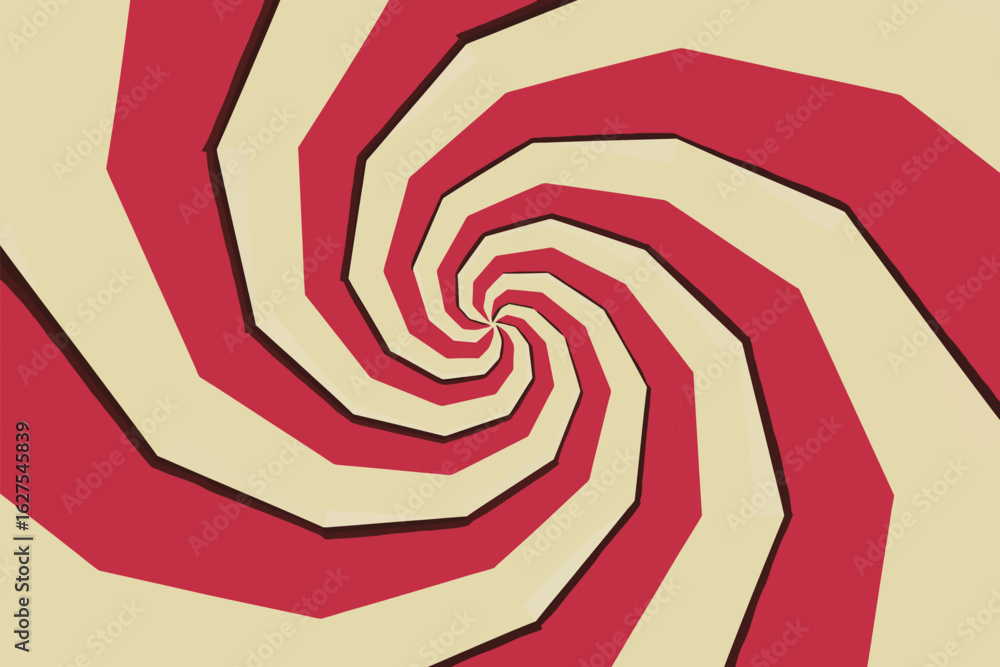 Poster a swirling pattern of red and cream colored polygons creating a hypnotic spiral effect with black ou