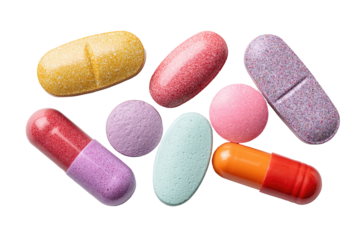 Assorted colorful pills and capsules in various shapes and sizes