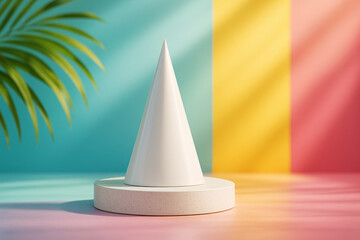 Fototapeta premium Cone on textured pedestal with palm leaf white cone