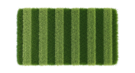 Lush, vibrant green grass texture, finely manicured with uniform vertical stripes, healthy athletic sports field, isolated on transparent background, ample copy space, ultra realistic top-down view,