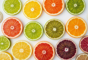 Vibrant overhead view of assorted citrus fruit slices arranged in a colorful pattern on a white background