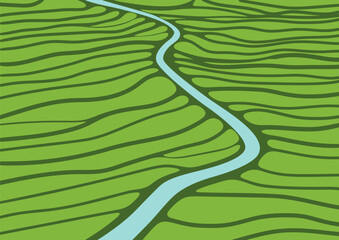 Fototapeta premium Winding river flowing through green terraced fields and rice paddies, aerial view. Agricultural landscape background with natural waterway and farm land.