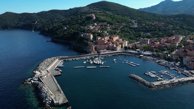 Aerial view of the port and town center of Rio Marina, Elba Island, Livorno, Tuscany