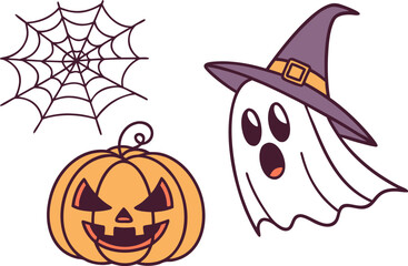 Illustration of a spiderweb a pumpkin with a scary face and a ghost wearing a witch hat for halloween