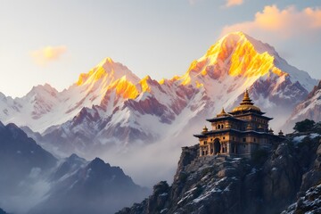 Mountain Temple At Sunrise High Altitude Asian Landscape Travel