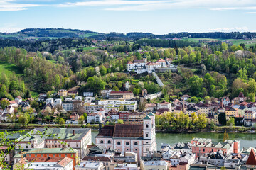 Mariahilf pilgrimage church in Passau, Lower Bavaria, Bavaria, Germany. Pauline monastery, city of...