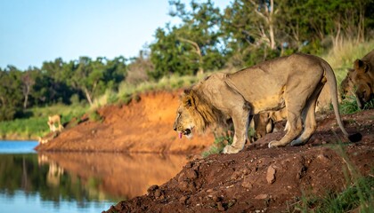 Fototapeta premium Lions at the waterhole at dawn