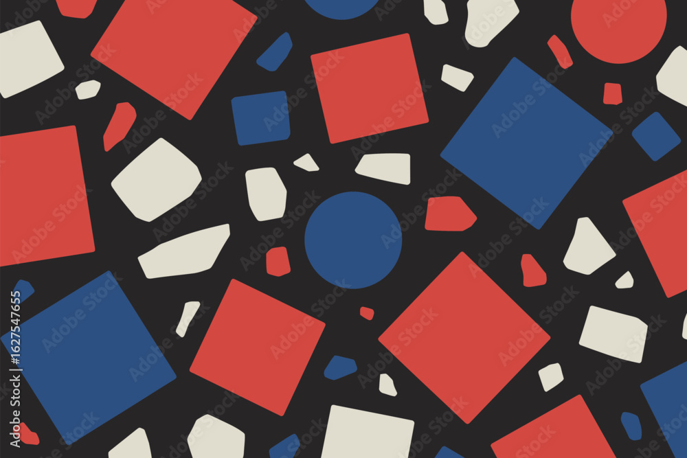 Poster abstract terrazzo pattern with red white and blue squares circles and irregular shapes on a black ba
