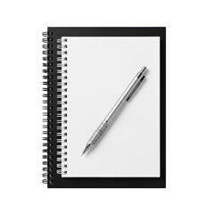 Naklejka premium Two precisely stacked spiral-bound notebooks, black at bottom, white blank page on top, with a sleek silver mechanical pencil featuring a textured grey grip resting diagonally on the white notebook,