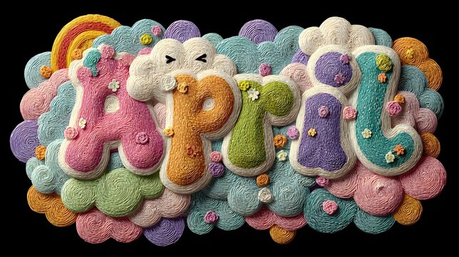 Colorful Embroidered Happy Text with Cloud and Rainbow Design on Black Background