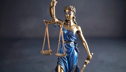 Lady Justice statue, scales, sword, blindfold, blue robe