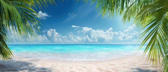 The serene beach view framed by tropical palm leaves and clear blue sky.
