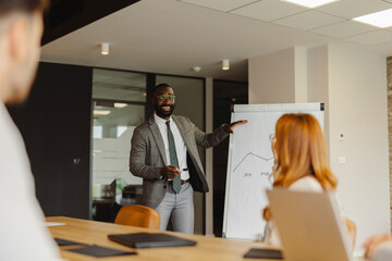 Business team meeting with leader giving presentation on whiteboard