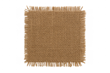 Close-up of a square piece of rough, woven burlap fabric with frayed edges, showcasing its natural texture and earthy tones.