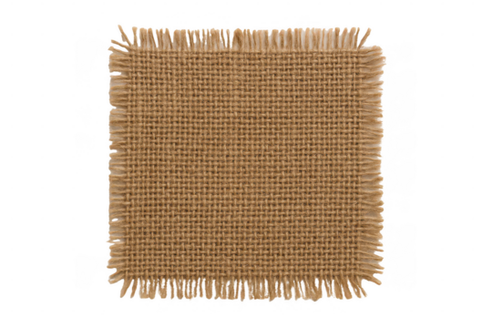Close-up of a square piece of rough, woven burlap fabric with frayed edges, showcasing its natural texture and earthy tones.