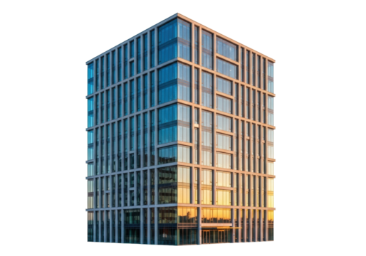 A modern, rectangular multi-story office building with a sleek glass facade, left side in cool blue light, right in warm golden, isolated against a transparent background with copy space, no shadows.