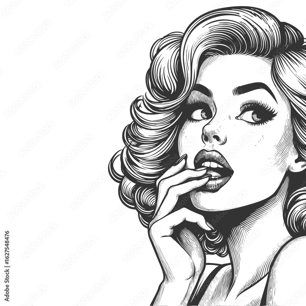 Poster pinup-style woman with voluminous curls and a flirtatious finger-on-lips expression sketch engraving