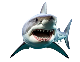 Predatory shark baring sharp teeth in aggressive pose, isolated on transparent background PNG