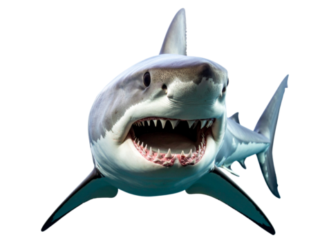 Predatory shark baring sharp teeth in aggressive pose, isolated on transparent background PNG