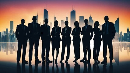 Silhouette of a diverse business team standing together in front of a cityscape at sunset with digital elements. 4k video - Powered by Adobe