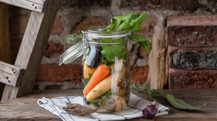 Preserved vegetables in a glass jar, ready to enjoy.