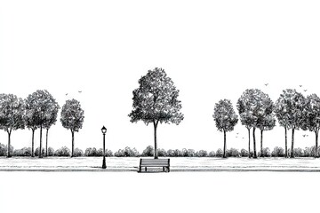 Hand-drawn park scene with trees, a bench, and a lamppost.