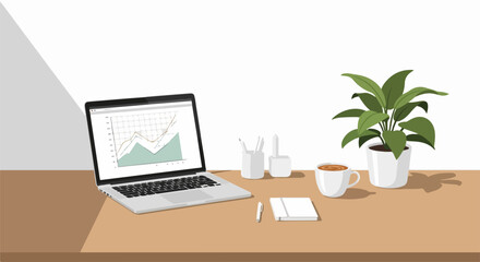 Modern workspace with financial growth chart, laptop, coffee and plant showcasing productivity and success in business and investment strategies