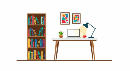 Inspiring home office setup with bookshelf and laptop, perfect for remote work productivity and cozy online studying environments for creative professionals