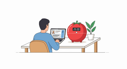 Focused worker using Pomodoro time management for productivity, promoting work life balance and efficiency with timer, from vector origin