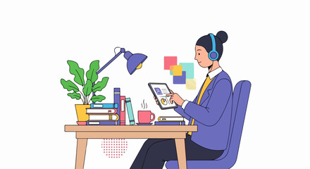 Focused student studying online with tablet and headphones, learning at home in a cozy workspace, modern education, bright and cheerful vibe