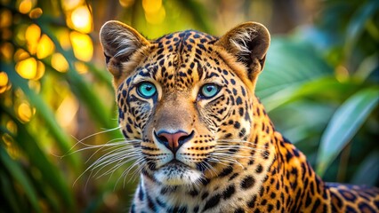 Majestic Leopard Portrait: Vibrant Green Eyes, Lush Tropical Setting, Serene Mood.