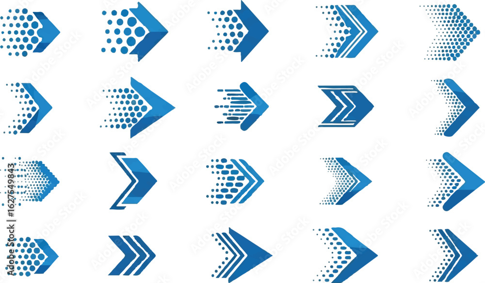 Poster collection of abstract blue arrows with motion blur and geometric patterns isolated on transparent b
