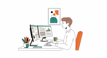 Modern professional working from home on dual monitors analyzing data charts, coding, and drinking coffee in minimalist workspace