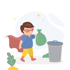 Little recycle super hero boy recycling garbage. Design isolated on white background. Funny kid in hero costume throwing away trash into a bin. Ecology,