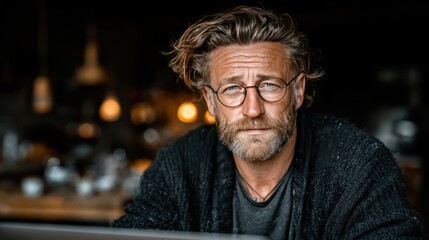 Busy serious older mature middle-aged man wearing glasses looking at a computer, sitting at a home table, using a laptop, hybrid working online, e-learning, Browse the web