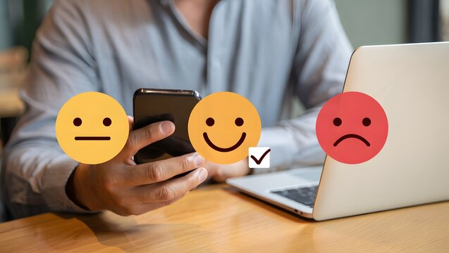 Man choosing emotion happy smile face icon. Feedback rating and positive customer review experience, satisfaction survey. Mental health assessment. World mental health day. Happy product and service.