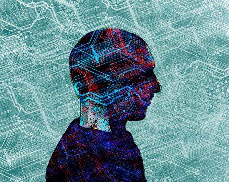 Silhouette of human head with digital circuit patterns representing AI technology